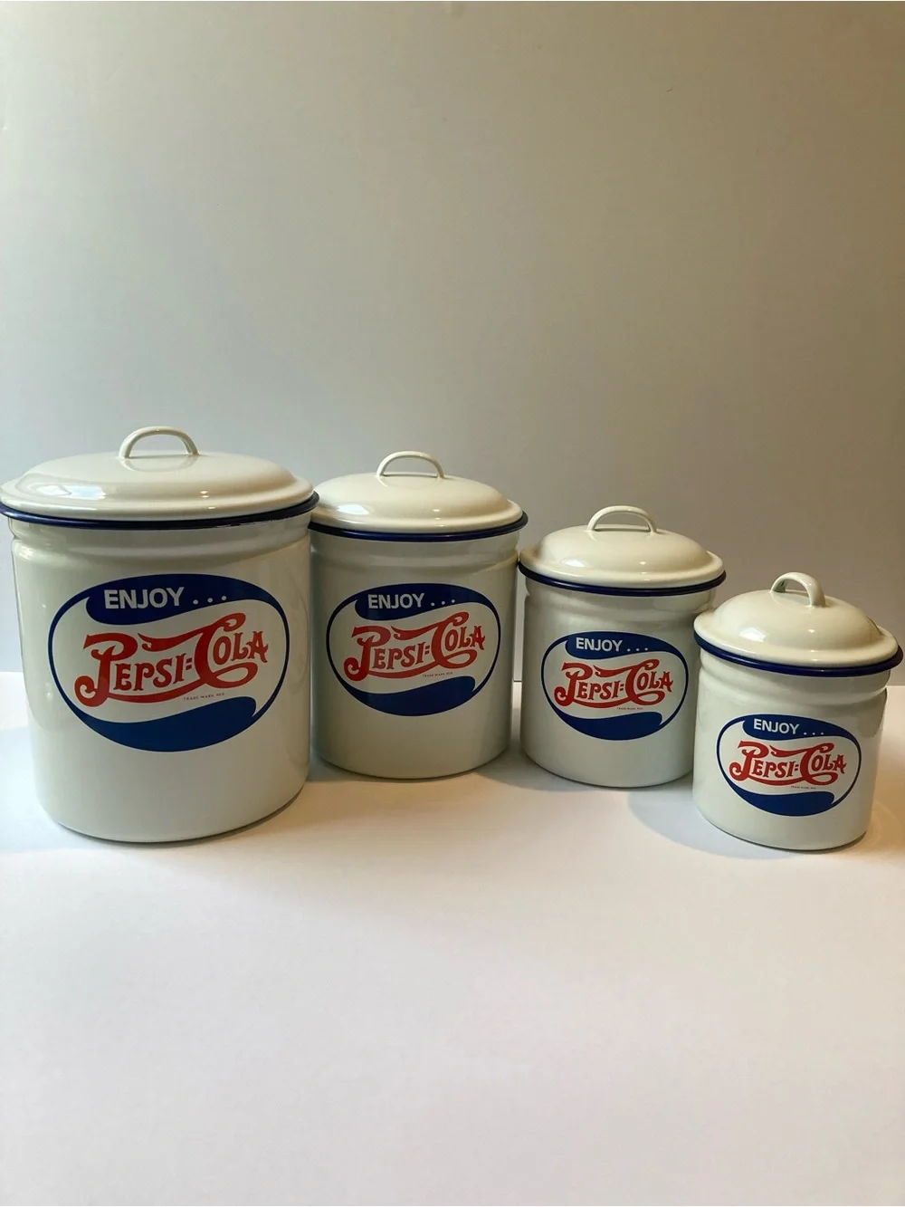 Pepsi Cola Enamelware Cannister Set of 4 Cookie Jars Retro USA Soda Advertising